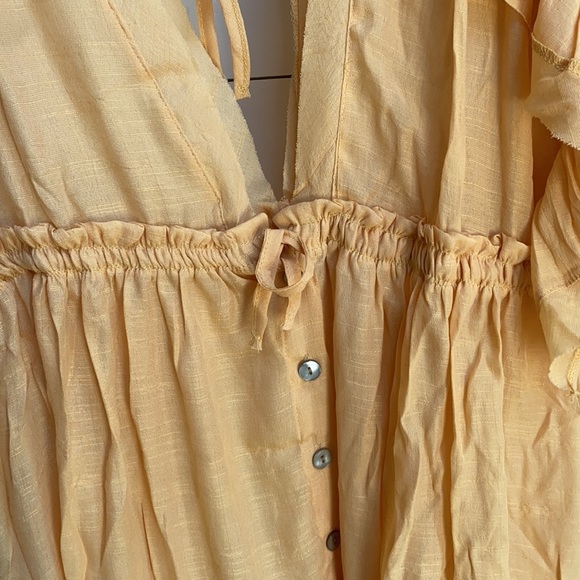 Marigold Yellow Boho Gauze Solid Button Up Bohemian Coverup Mini Casual Dress - Picture 5 of 6